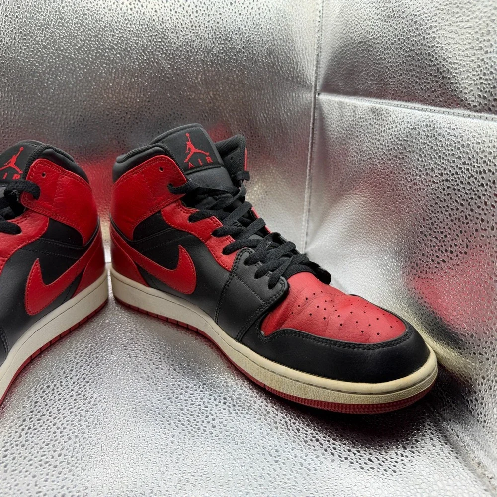 Size 13 Air Jordan 1 Mid Banned Black University Red Mens Sneakers 554724-074